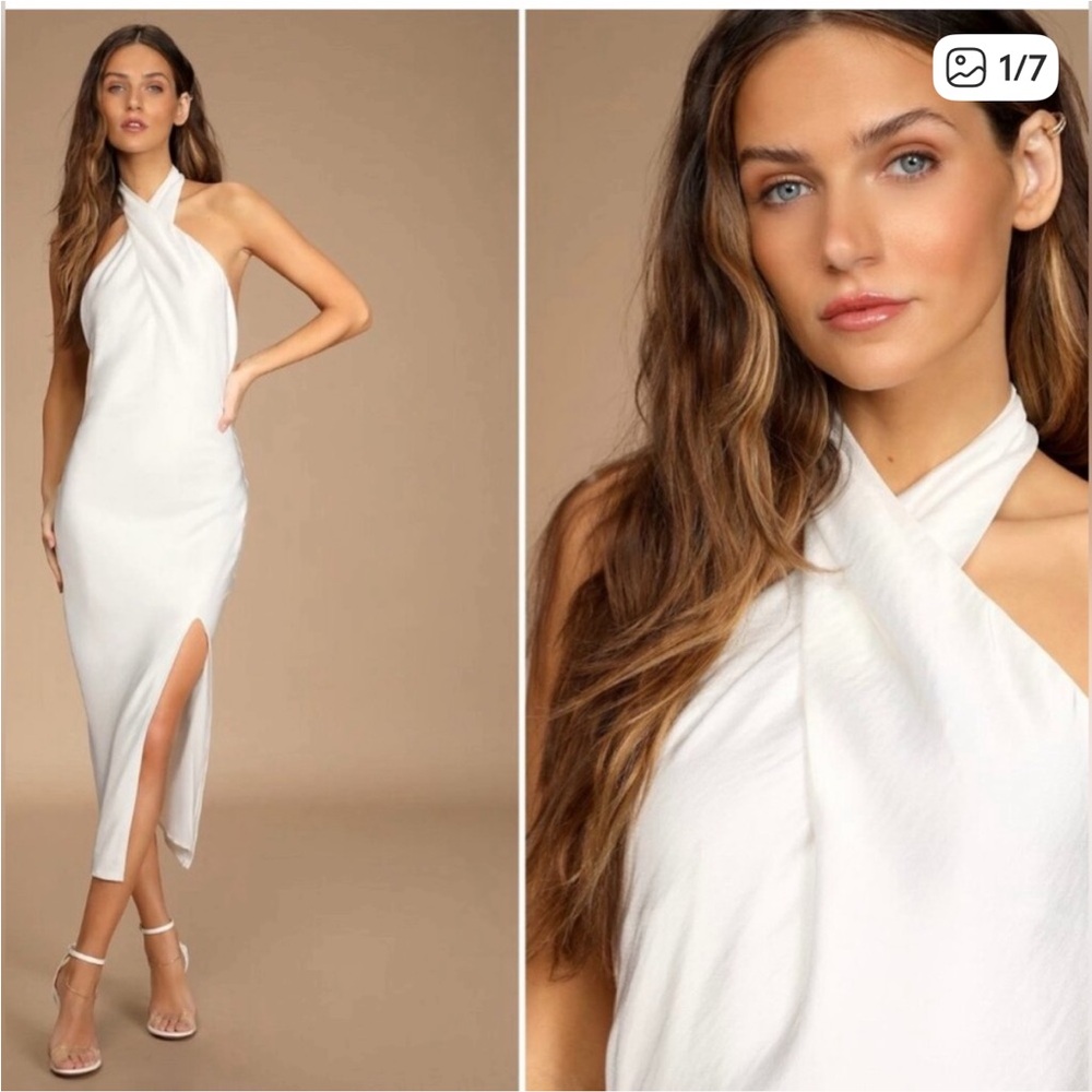 White Satin Halter Midi Dress Medium